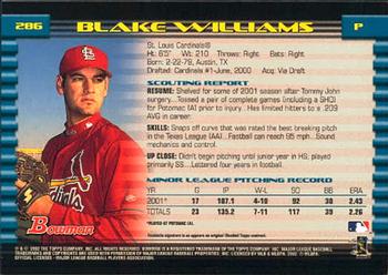 2002 Bowman #286 Blake Williams Back