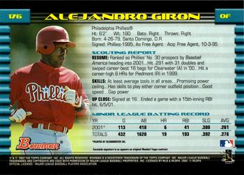 2002 Bowman #176 Alejandro Giron Back