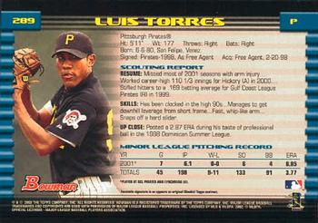 2002 Bowman #289 Luis Torres Back