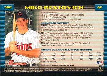 2002 Bowman #302 Mike Restovich Back