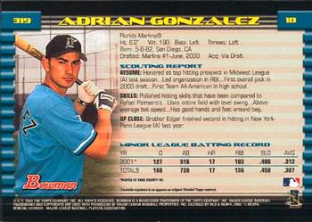 2002 Bowman #319 Adrian Gonzalez Back