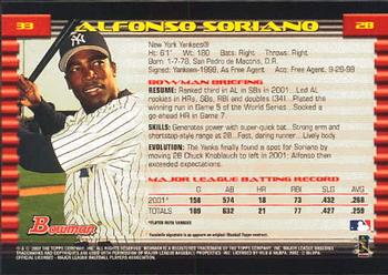 2002 Bowman #33 Alfonso Soriano Back