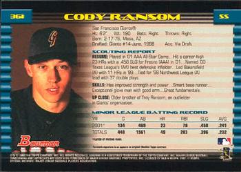 2002 Bowman #361 Cody Ransom Back