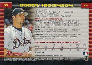 2002 Bowman #39 Bobby Higginson Back
