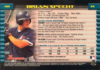 2002 Bowman #418 Brian Specht Back