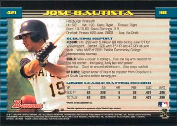 2002 Bowman #421 Jose Bautista Back