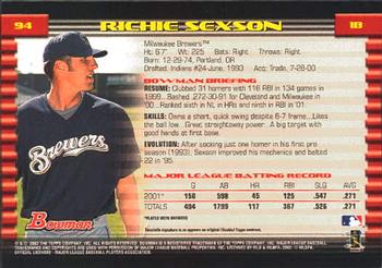 2002 Bowman #94 Richie Sexson Back