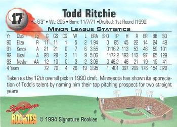 1994 Signature Rookies - Non Serial Numbered Signatures #17 Todd Ritchie Back