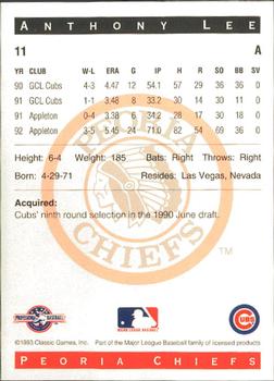 1993 Classic Best Peoria Chiefs #11 Anthony Lee Back