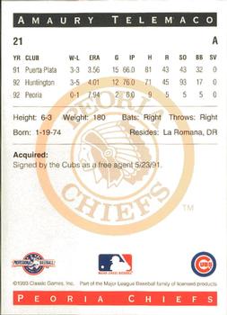1993 Classic Best Peoria Chiefs #21 Amaury Telemaco Back