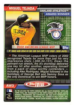 2003 Topps Total - Award Winners #AW3 Miguel Tejada Back