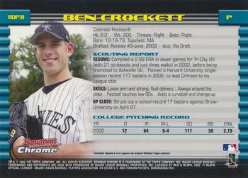 2002 Bowman Draft Picks & Prospects - Chrome #BDP31 Ben Crockett Back