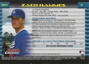 2002 Bowman Draft Picks & Prospects - Chrome #BDP51 Zach Hammes Back
