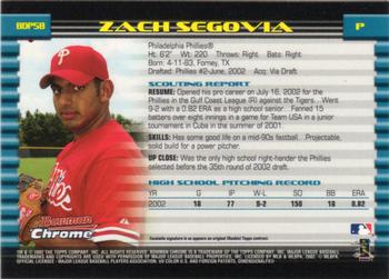 2002 Bowman Draft Picks & Prospects - Chrome #BDP58 Zack Segovia Back