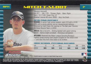 2002 Bowman Draft Picks & Prospects - Chrome #BDP74 Mitch Talbot Back