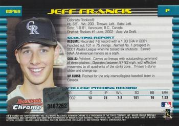 2002 Bowman Draft Picks & Prospects - Chrome #BDP169 Jeff Francis Back
