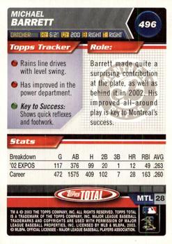 2003 Topps Total - Silver #496 Michael Barrett Back