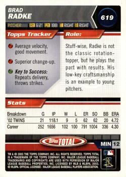2003 Topps Total - Silver #619 Brad Radke Back