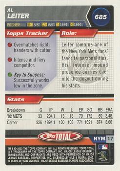 2003 Topps Total - Silver #685 Al Leiter Back