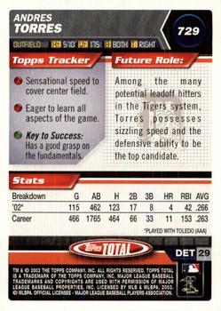 2003 Topps Total - Silver #729 Andres Torres Back