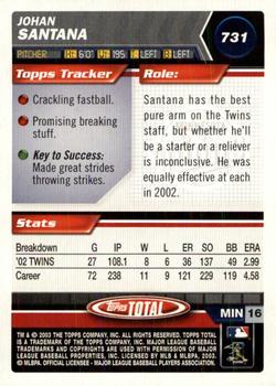 2003 Topps Total - Silver #731 Johan Santana Back