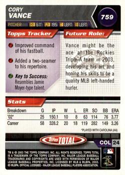 2003 Topps Total - Silver #759 Cory Vance Back