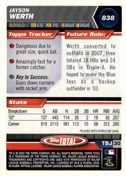 2003 Topps Total - Silver #838 Jayson Werth Back