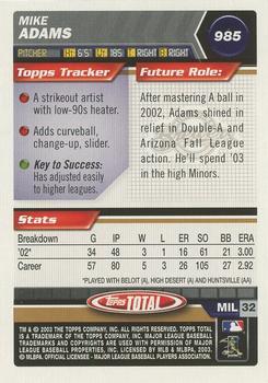 2003 Topps Total - Silver #985 Mike Adams Back