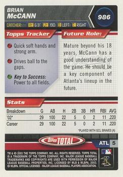 2003 Topps Total - Silver #986 Brian McCann Back