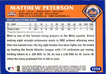 2003 Topps Traded & Rookies - Chrome #T254 Matthew Peterson Back