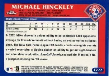 2003 Topps Traded & Rookies - Chrome #T272 Michael Hinckley Back