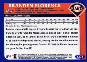 2003 Topps Traded & Rookies - Chrome #T273 Branden Florence Back
