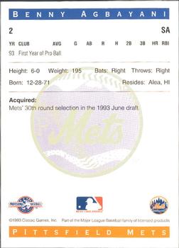 1993 Classic Best Pittsfield Mets #2 Benny Agbayani Back