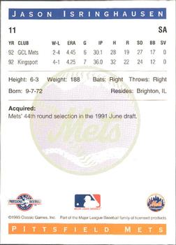 1993 Classic Best Pittsfield Mets #11 Jason Isringhausen Back