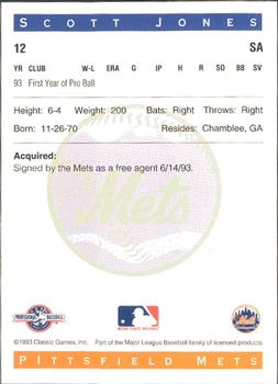 1993 Classic Best Pittsfield Mets #12 Scott Jones Back