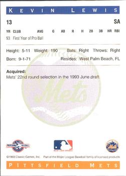 1993 Classic Best Pittsfield Mets #13 Kevin Lewis Back