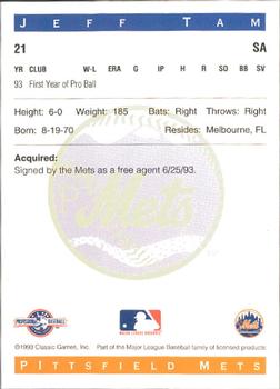 1993 Classic Best Pittsfield Mets #21 Jeff Tam Back