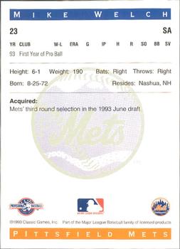 1993 Classic Best Pittsfield Mets #23 Mike Welch Back