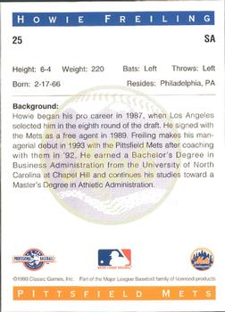 1993 Classic Best Pittsfield Mets #25 Howie Freiling Back