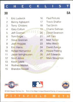 1993 Classic Best Pittsfield Mets #30 Checklist Back