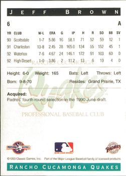 1993 Classic Best Rancho Cucamonga Quakes #6 Jeff Brown Back