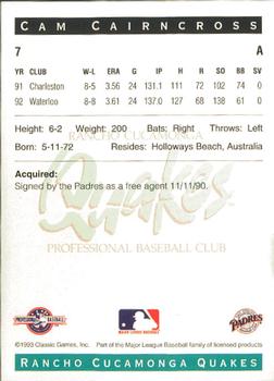 1993 Classic Best Rancho Cucamonga Quakes #7 Cam Cairncross Back