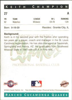 1993 Classic Best Rancho Cucamonga Quakes #27 Keith Champion Back