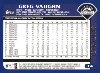 2003 Topps Traded & Rookies - Gold #T4 Greg Vaughn Back