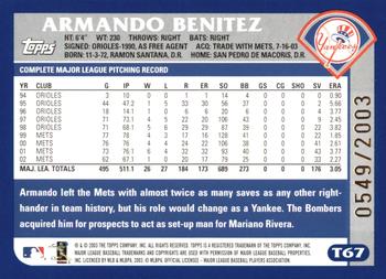 2003 Topps Traded & Rookies - Gold #T67 Armando Benitez Back