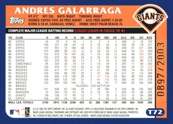 2003 Topps Traded & Rookies - Gold #T72 Andres Galarraga Back