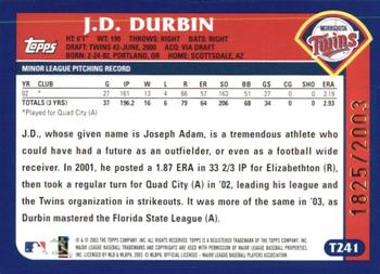 2003 Topps Traded & Rookies - Gold #T241 J.D. Durbin Back