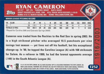 2003 Topps Traded & Rookies - Gold #T252 Ryan Cameron Back