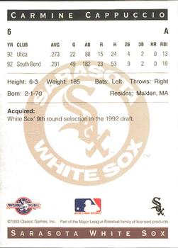 1993 Classic Best Sarasota White Sox #6 Carmine Cappuccio Back