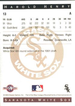 1993 Classic Best Sarasota White Sox #13 Harold Henry Back